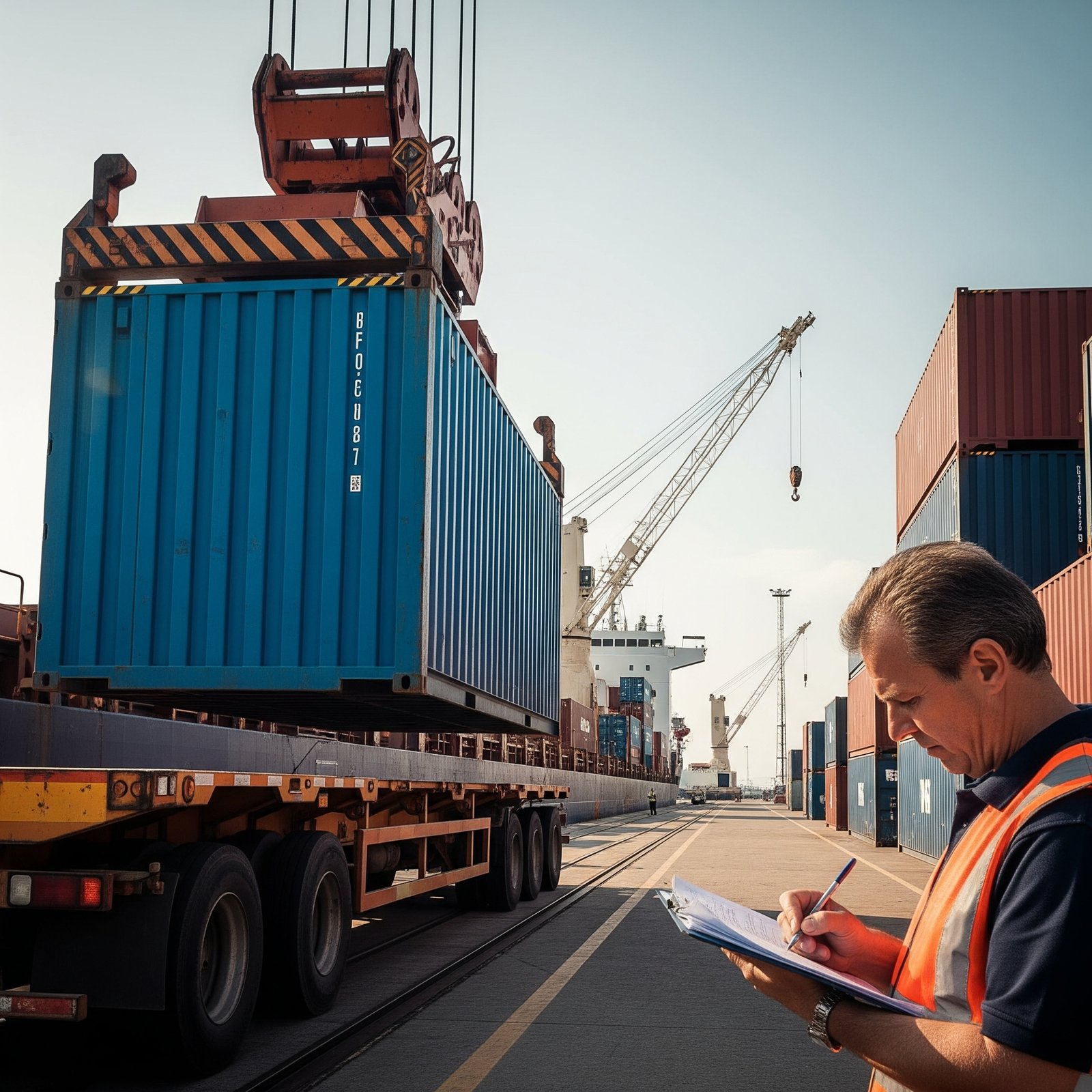Trabajador revisando carga en puerto