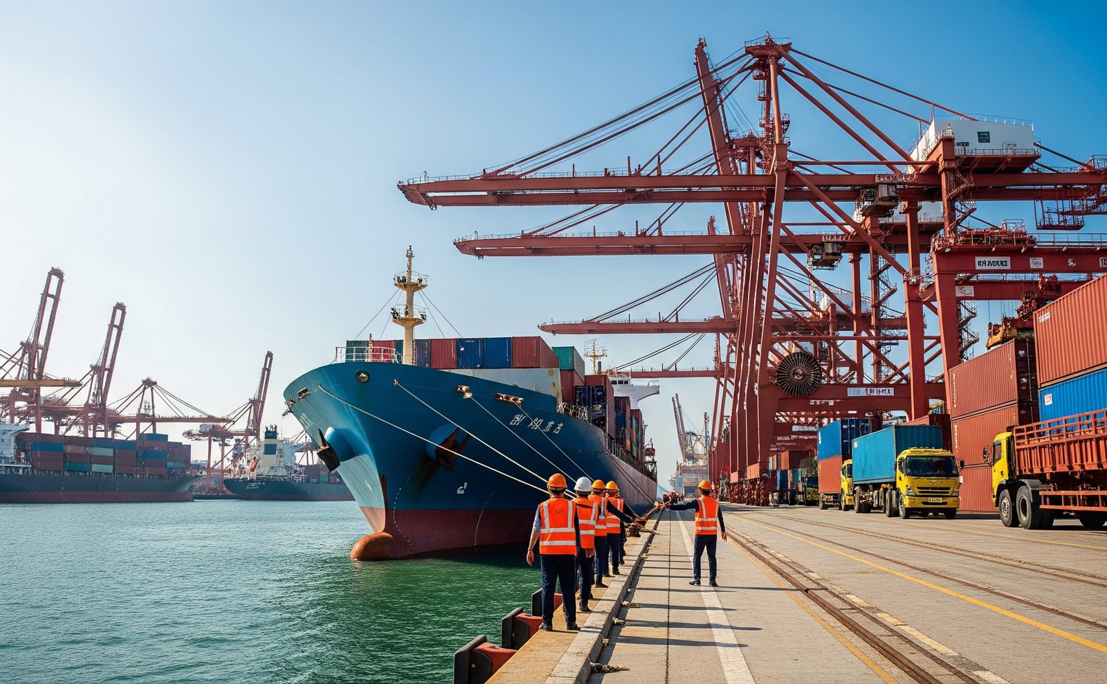 Contenedores y barcos en puerto